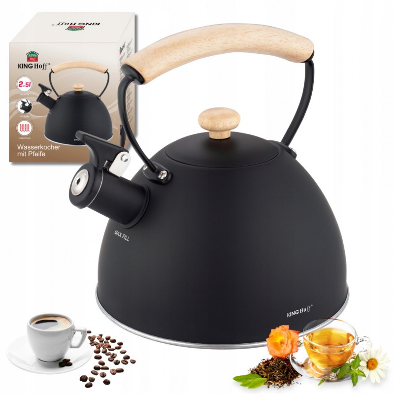 Ceainic cu fluier Kinghoff KH 1999, 2,5 l, oțel inoxidabil, mâner din lemn care nu se încălzește, compatibil cu plitele cu inducție, negru mat