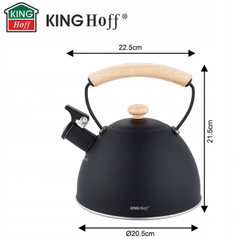 Ceainic cu fluier Kinghoff KH 1999, 2,5 l, oțel inoxidabil, mâner din lemn care nu se încălzește, compatibil cu plitele cu inducție, negru mat