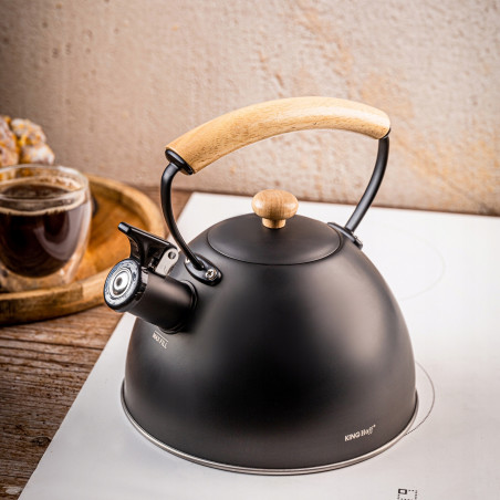 Ceainic cu fluier Kinghoff KH 1999, 2,5 l, oțel inoxidabil, mâner din lemn care nu se încălzește, compatibil cu plitele cu inducție, negru mat