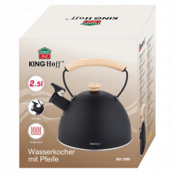 Ceainic cu fluier Kinghoff KH 1999, 2,5 l, oțel inoxidabil, mâner din lemn care nu se încălzește, compatibil cu plitele cu inducție, negru mat