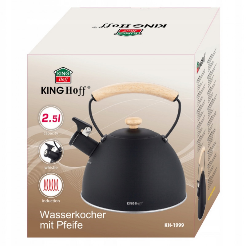 Ceainic cu fluier Kinghoff KH 1999, 2,5 l, oțel inoxidabil, mâner din lemn care nu se încălzește, compatibil cu plitele cu inducție, negru mat