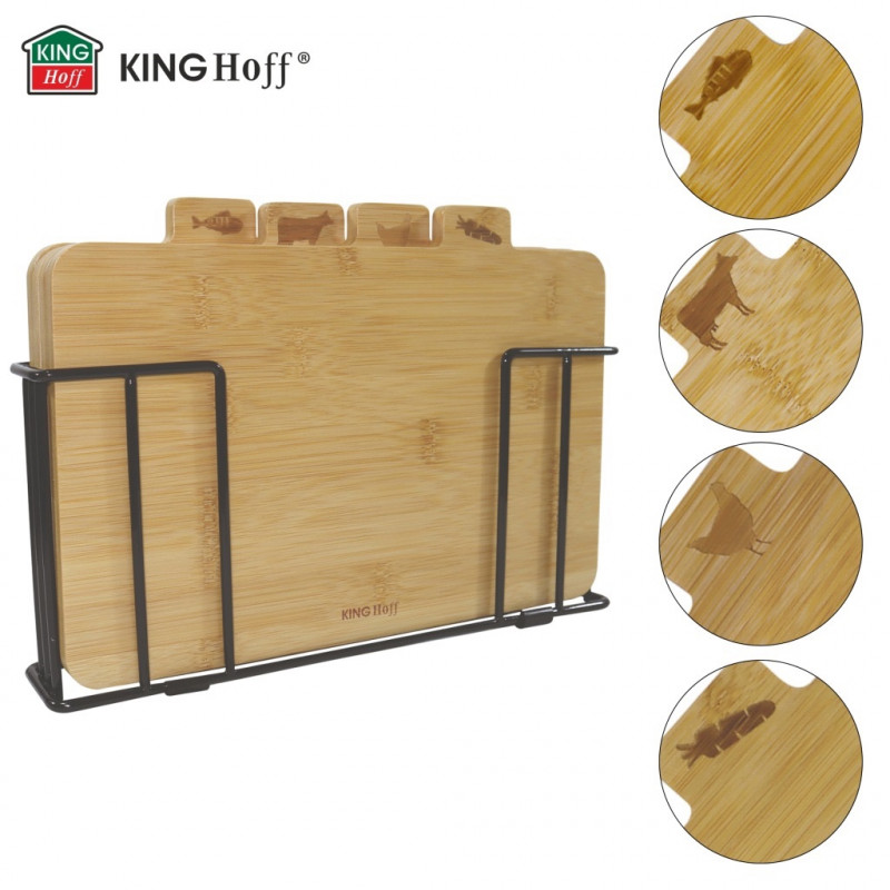Set de 4 tăvi de tăiat cu suport Kinghoff KH 2010, 28,5 x 20 cm, marcate, din bambus, negru