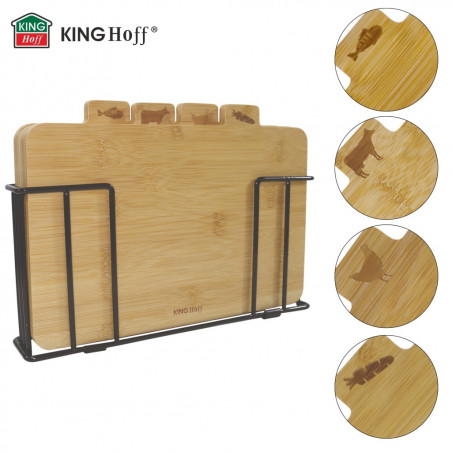 Set de 4 tăvi de tăiat cu suport Kinghoff KH 2010, 28,5 x 20 cm, marcate, din bambus, negru