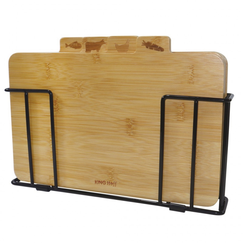 Set de 4 tăvi de tăiat cu suport Kinghoff KH 2010, 28,5 x 20 cm, marcate, din bambus, negru
