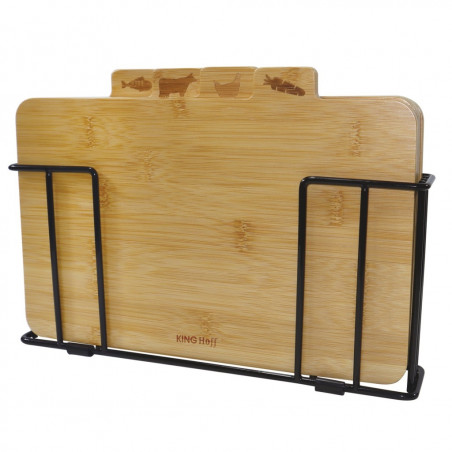 Set de 4 tăvi de tăiat cu suport Kinghoff KH 2010, 28,5 x 20 cm, marcate, din bambus, negru