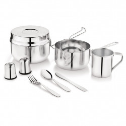 Set de tacâmuri și vase pentru camping Kinghoff KH 2060, 9 piese, oțel inoxidabil, argintiu