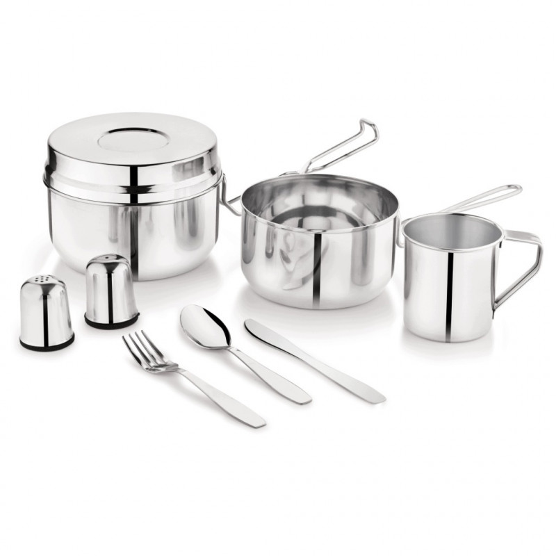 Set de tacâmuri și vase pentru camping Kinghoff KH 2060, 9 piese, oțel inoxidabil, argintiu