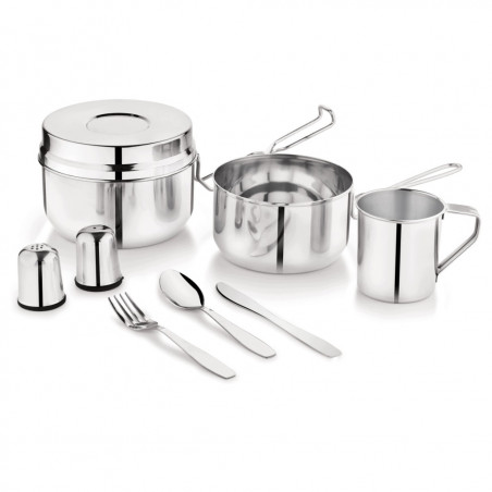 Set de tacâmuri și vase pentru camping Kinghoff KH 2060, 9 piese, oțel inoxidabil, argintiu