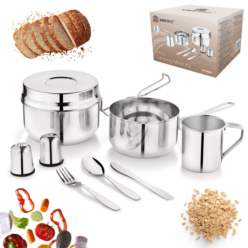 Set de tacâmuri și vase pentru camping Kinghoff KH 2060, 9 piese, oțel inoxidabil, argintiu