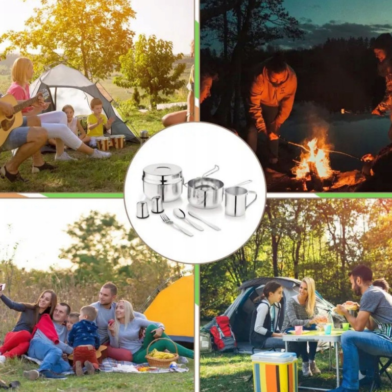 Set de tacâmuri și vase pentru camping Kinghoff KH 2060, 9 piese, oțel inoxidabil, argintiu