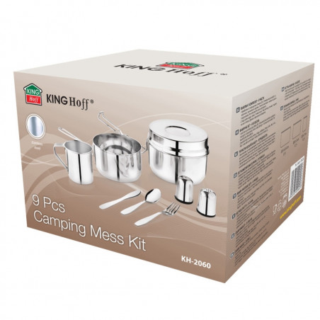 Set de tacâmuri și vase pentru camping Kinghoff KH 2060, 9 piese, oțel inoxidabil, argintiu
