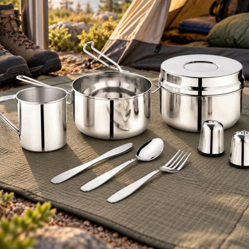 Set de tacâmuri și vase pentru camping Kinghoff KH 2060, 9 piese, oțel inoxidabil, argintiu