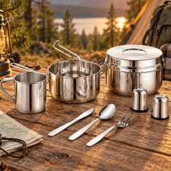 Set de tacâmuri și vase pentru camping Kinghoff KH 2060, 9 piese, oțel inoxidabil, argintiu