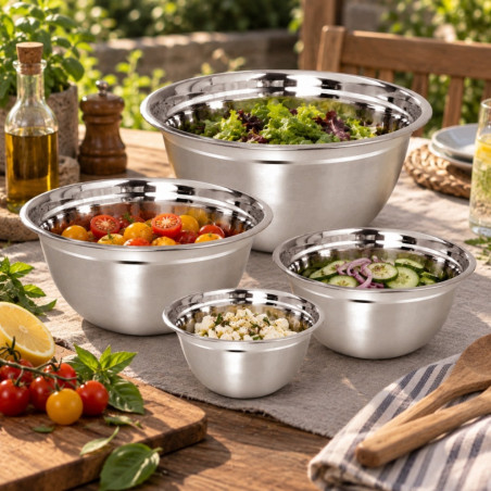 Set de 4 boluri pentru amestecare și servire Kinghoff KH 2059, 18-26 cm, oțel inoxidabil, margine largă, argintiu