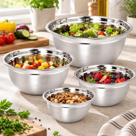 Set de 4 boluri pentru amestecare și servire Kinghoff KH 2059, 18-26 cm, oțel inoxidabil, margine largă, argintiu