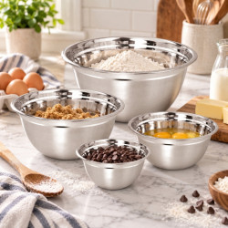 Set de 4 boluri pentru amestecare și servire Kinghoff KH 2059, 18-26 cm, oțel inoxidabil, margine largă, argintiu