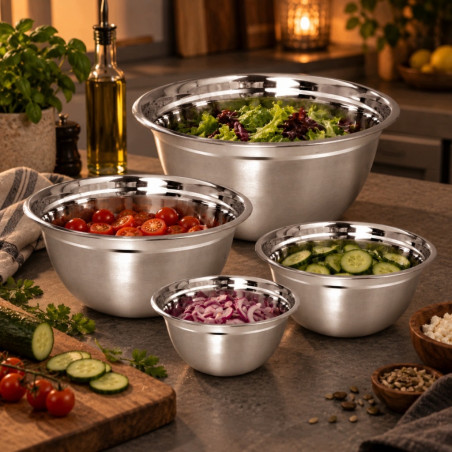 Set de 4 boluri pentru amestecare și servire Kinghoff KH 2059, 18-26 cm, oțel inoxidabil, margine largă, argintiu
