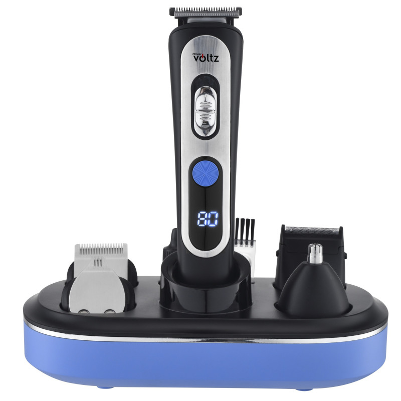 Aparat de tuns 5-în-1 Oliver Voltz OV51810T, 5 W, 90 min, 7300 rpm, ecran LCD, suport, negru/albastru
