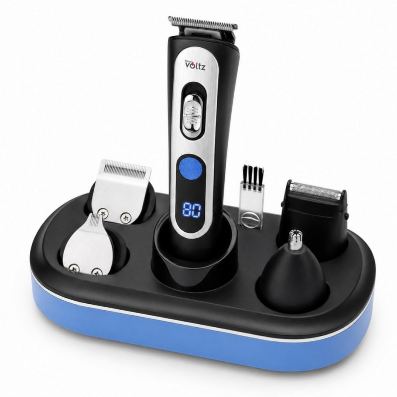 Aparat de tuns 5-în-1 Oliver Voltz OV51810T, 5 W, 90 min, 7300 rpm, ecran LCD, suport, negru/albastru