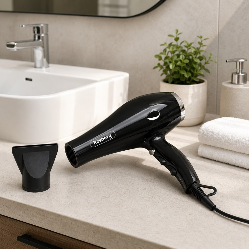 Uscător de păr Rosberg Premium RP51100T, 2000 W, 2 viteze, 3 niveluri, jet rece, duză concentratoare, negru
