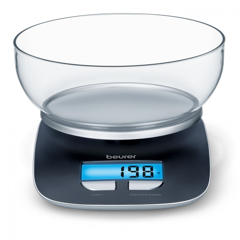 Cantar de bucatarie Beurer BF KS 25 LE, 1,2 l, 3 kg, Afisaj LCD, Functie TARA, Oprire automata, Negru/Argintiu