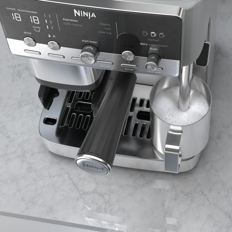 Aparat de cafea 2 în 1 Ninja Luxe Café Mini ES352EU, 1650 W, 9 bar, 250 g, 1,3 l, Barista Assist, 3 setări pentru spumă, 6 tipuri de espresso, oțel inoxidabil