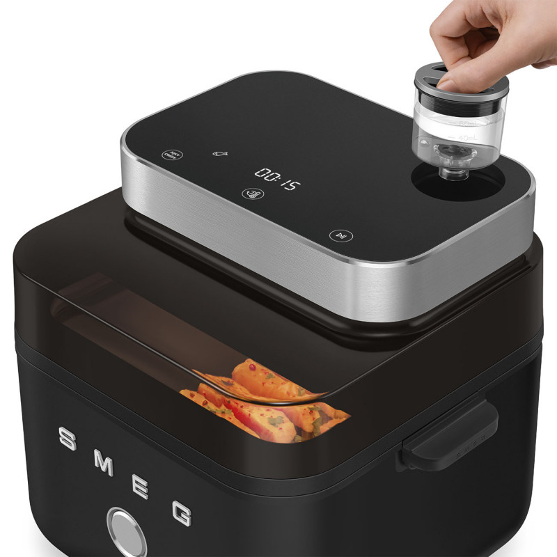 Friteuză cu aer cald Smeg Collezione AFC01BLMAU, 1450 W, 7,3 l, 40-200 °C, 7 programe, mod dublu, comandă tactilă, cronometru, LED, negru