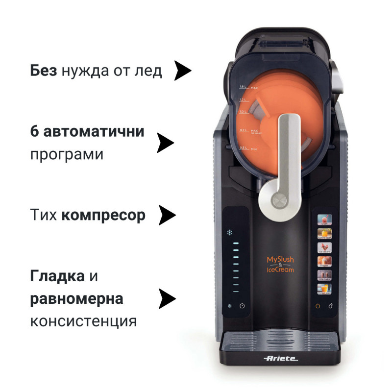 Aparat pentru înghețată și granita Ariete MySlush & IceCream 0655/00, 200 W, 2,6 l, 6 programe, compresor, autocurățare, negru