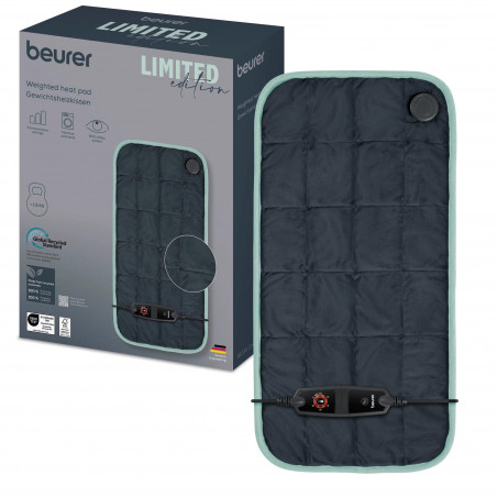 Pad electric Beurer BF HK 145 Cosy Weight Green Planet LE, 100 W, 30 x 60 cm, 6 trepte de incalzire, sistem de siguranta, Poliester respirabil, Spalare la 30 °C, Gri inchis/albastru