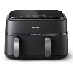 Friteuză dublă cu aer cald Philips NA351/00, 2750 W, 6+3 l, 80-200 °C, 1,5 kg, 8 programe, ecran tactil, copiere și sincronizare, Negru/Argintiu