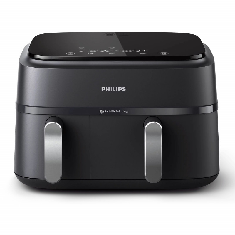 Friteuză dublă cu aer cald Philips NA351/00, 2750 W, 6+3 l, 80-200 °C, 1,5 kg, 8 programe, ecran tactil, copiere și sincronizare, Negru/Argintiu