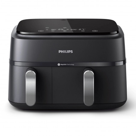 Friteuză dublă cu aer cald Philips NA351/00, 2750 W, 6+3 l, 80-200 °C, 1,5 kg, 8 programe, ecran tactil, copiere și sincronizare, Negru/Argintiu