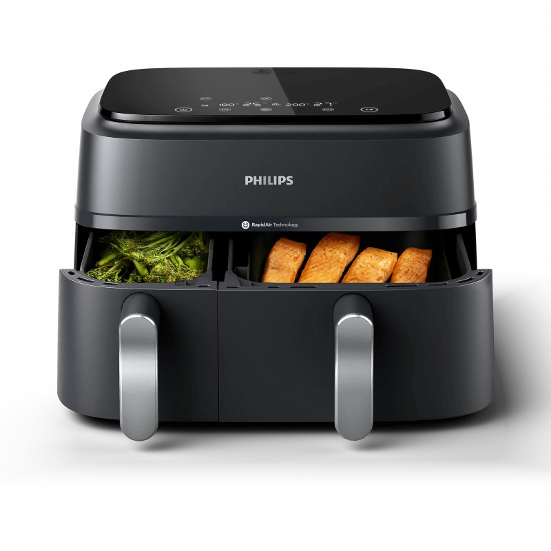 Friteuză dublă cu aer cald Philips NA351/00, 2750 W, 6+3 l, 80-200 °C, 1,5 kg, 8 programe, ecran tactil, copiere și sincronizare, Negru/Argintiu