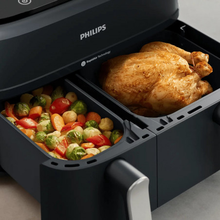 Friteuză dublă cu aer cald Philips NA351/00, 2750 W, 6+3 l, 80-200 °C, 1,5 kg, 8 programe, ecran tactil, copiere și sincronizare, Negru/Argintiu