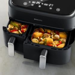 Friteuză dublă cu aer cald Philips NA351/00, 2750 W, 6+3 l, 80-200 °C, 1,5 kg, 8 programe, ecran tactil, copiere și sincronizare, Negru/Argintiu