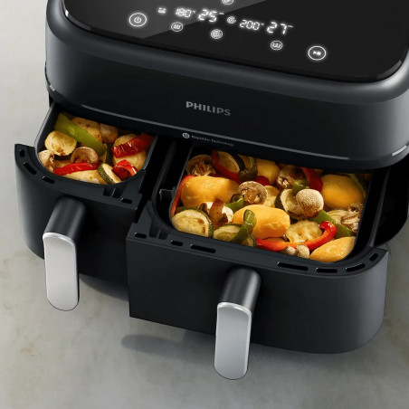 Friteuză dublă cu aer cald Philips NA351/00, 2750 W, 6+3 l, 80-200 °C, 1,5 kg, 8 programe, ecran tactil, copiere și sincronizare, Negru/Argintiu