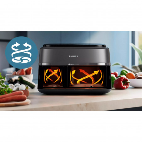 Friteuză dublă cu aer cald Philips NA351/00, 2750 W, 6+3 l, 80-200 °C, 1,5 kg, 8 programe, ecran tactil, copiere și sincronizare, Negru/Argintiu