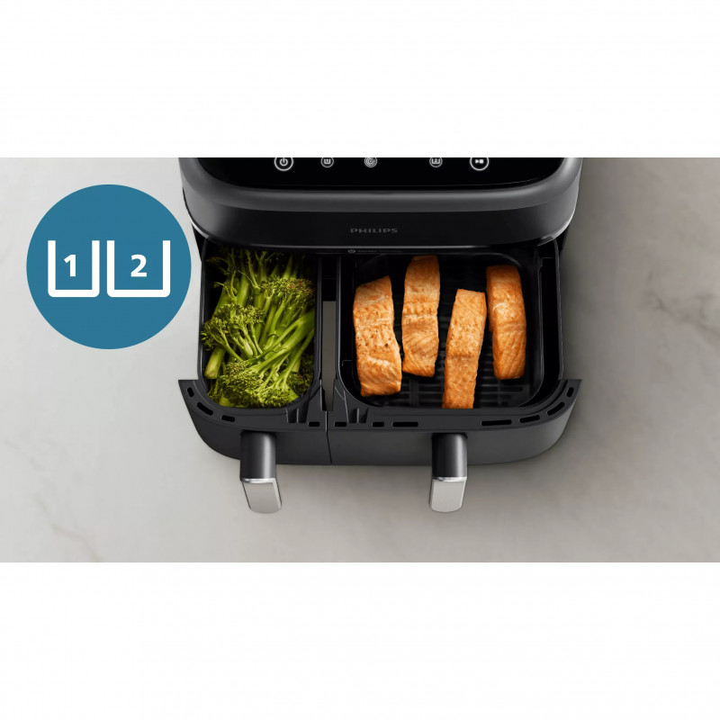 Friteuză dublă cu aer cald Philips NA351/00, 2750 W, 6+3 l, 80-200 °C, 1,5 kg, 8 programe, ecran tactil, copiere și sincronizare, Negru/Argintiu