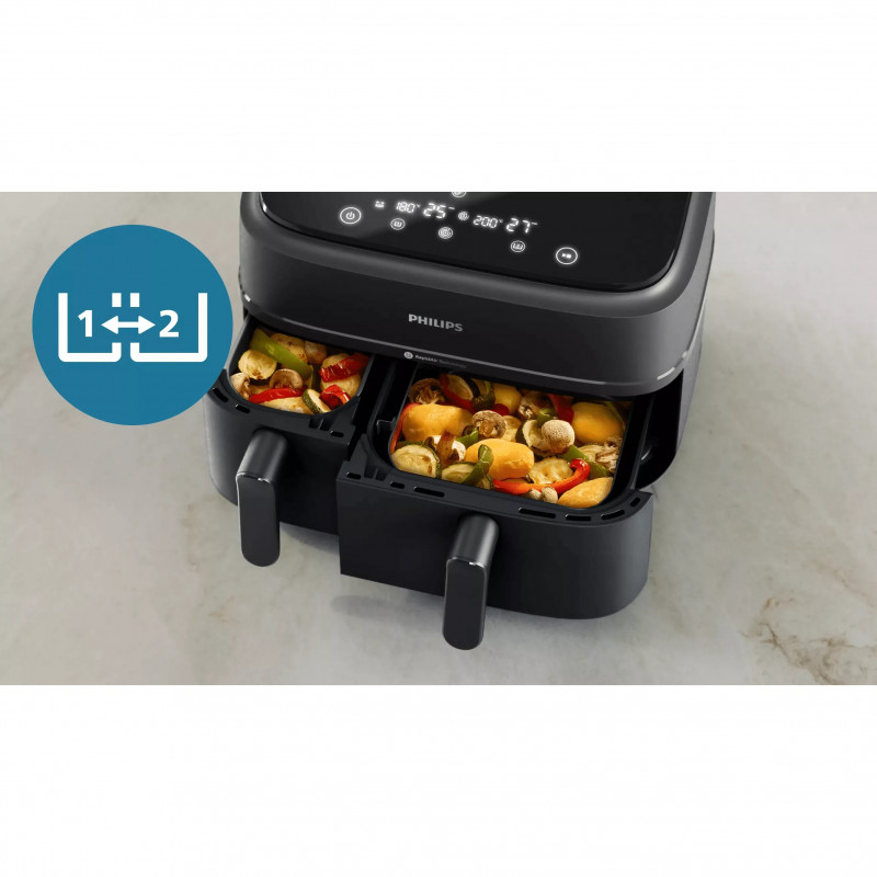 Friteuză dublă cu aer cald Philips NA351/00, 2750 W, 6+3 l, 80-200 °C, 1,5 kg, 8 programe, ecran tactil, copiere și sincronizare, Negru/Argintiu