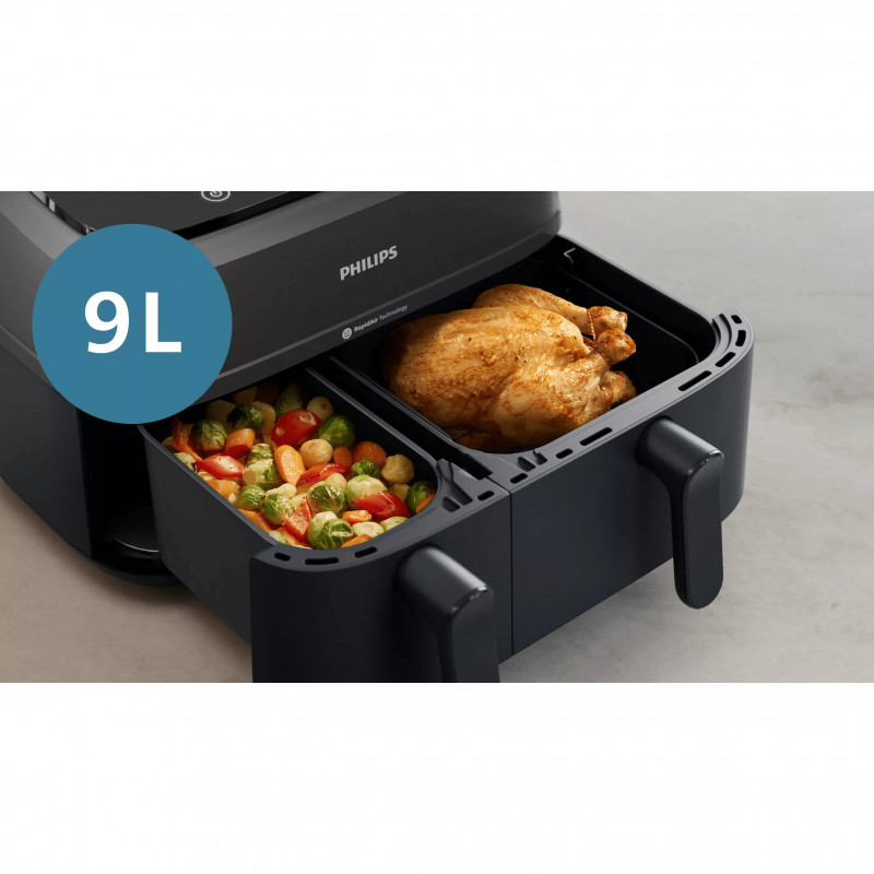 Friteuză dublă cu aer cald Philips NA351/00, 2750 W, 6+3 l, 80-200 °C, 1,5 kg, 8 programe, ecran tactil, copiere și sincronizare, Negru/Argintiu