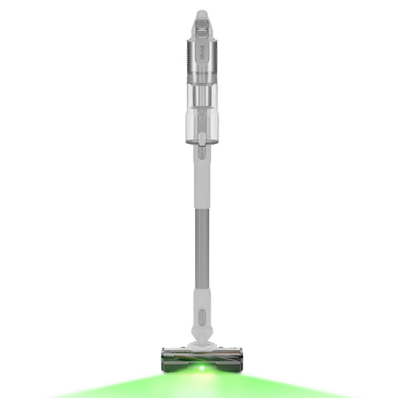 Aspirator vertical Levoit VortexIQ LSV-V221-VEU, 210 W, 0,85 l, 50 min, 3 trepte de putere, lumină verde la peria NeoSight™, filtru HEPA cu 5 trepte, cap rotativ la 180°, alb/argintiu