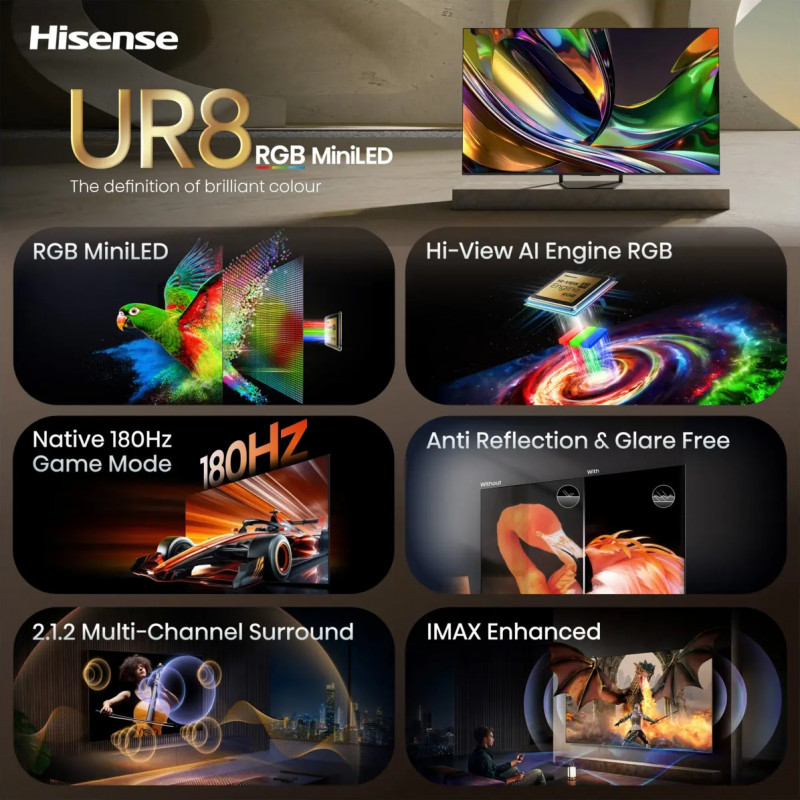 Televizor Hisense 55UR8S, 4K UltraHD 3840 x 2160, 55", Clasa E, Mini-LED, 180 Hz, strat antireflex, Hi-View AI Engine RGB, VIDAA, negru