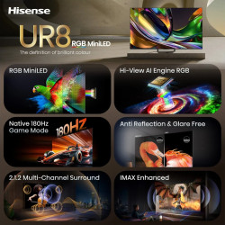 Televizor Hisense 65UR8S, 4K UltraHD 3840 x 2160, 65", Clasa E, Mini-LED, 180 Hz, Acoperire antireflex, Hi-View AI Engine RGB, VIDAA, Negru