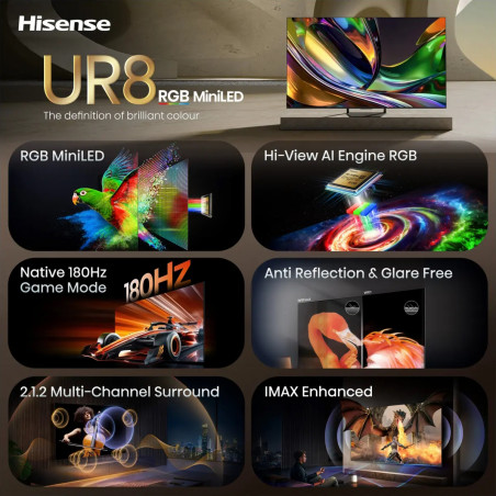 Televizor Hisense 65UR8S, 4K UltraHD 3840 x 2160, 65", Clasa E, Mini-LED, 180 Hz, Acoperire antireflex, Hi-View AI Engine RGB, VIDAA, Negru