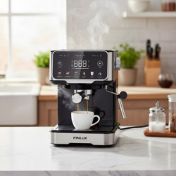 Aparat de espresso pentru cafea măcinată Finlux FEM-1655BS, 1100 W, 20 bar, 1,5 l, ecran tactil, bloc termic, duză de abur, argintiu/negru