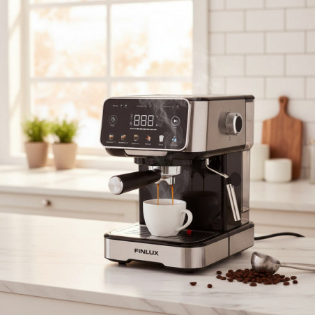 Aparat de espresso pentru cafea măcinată Finlux FEM-1655BS, 1100 W, 20 bar, 1,5 l, ecran tactil, bloc termic, duză de abur, argintiu/negru