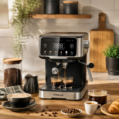 Aparat de espresso pentru cafea măcinată Finlux FEM-1655BS, 1100 W, 20 bar, 1,5 l, ecran tactil, bloc termic, duză de abur, argintiu/negru