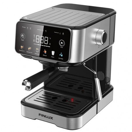 Aparat de espresso pentru cafea măcinată Finlux FEM-1655BS, 1100 W, 20 bar, 1,5 l, ecran tactil, bloc termic, duză de abur, argintiu/negru