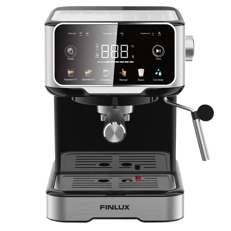 Aparat de espresso pentru cafea măcinată Finlux FEM-1655BS, 1100 W, 20 bar, 1,5 l, ecran tactil, bloc termic, duză de abur, argintiu/negru