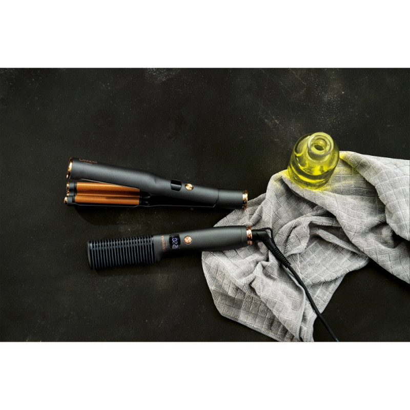 Set perie electrică și presă retro Carrera Classic 21291122, 40/55W, setare rapidă, 6 temperaturi, afișaj LED, negru/maro